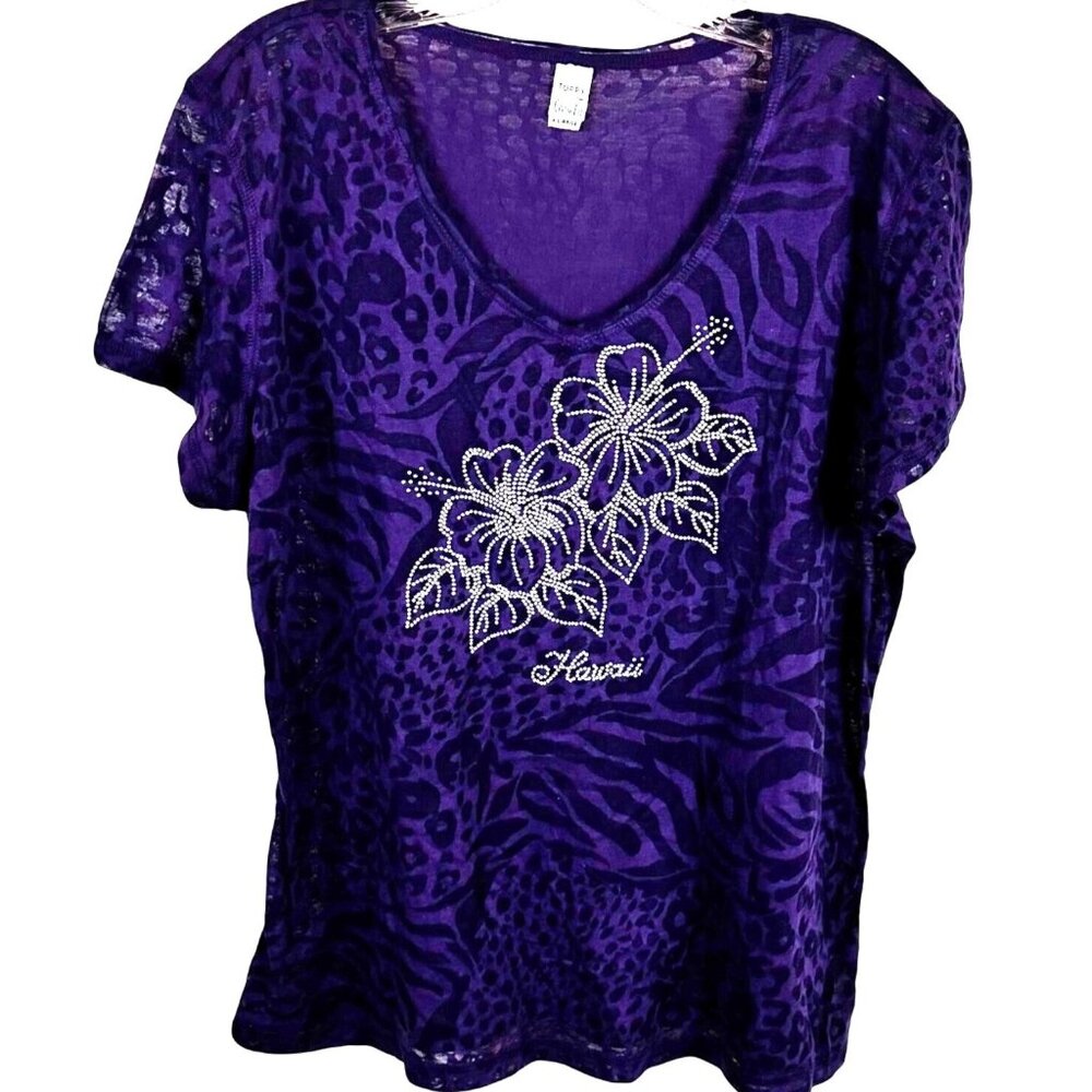 Toppy Size XL Purple Hawaii Rhinestone Floral T-Shirt  Cotton/Polyester